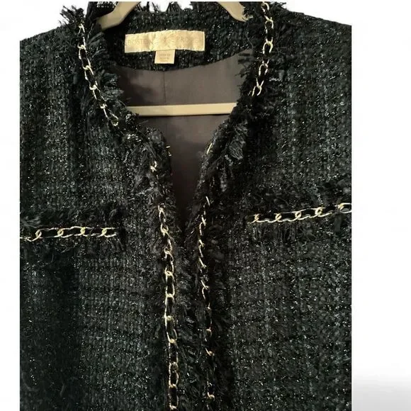Boston Proper Women's Parisian Tweed Shimmer Chain Fringe Jacket Navy Gold Sz 12 - Picture 5 of 9